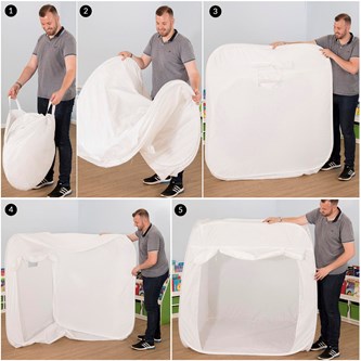 Hvidt pop up-telt til projicering