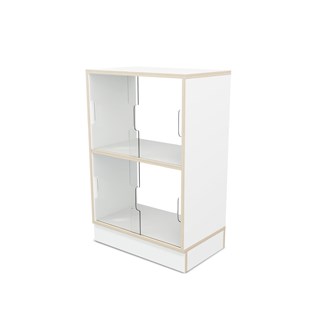 Fixa 2:2 udstillingsskab på sokkel m/skydelåger og ryg i plexiglas D36 cm D46 cm