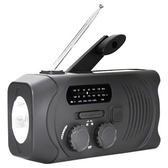 Nødradio med håndsving, solceller og LED