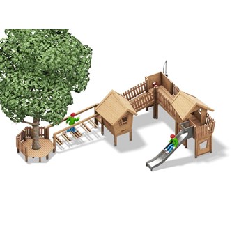 Bysen kombinationsleg med to legehuse og træplatform
