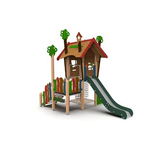 Trollskoven træhytte med klatrenet og rutsjebane