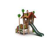 Trollskoven træhytte med klatrenet og rutsjebane