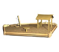 Sandkasse i robinietræ med legehus, sandbord, gulv og sandkran